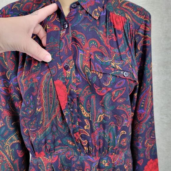 Tareti Red Purple Green Paisley Vintage 90s Shirt Dress - Picture 4 of 14